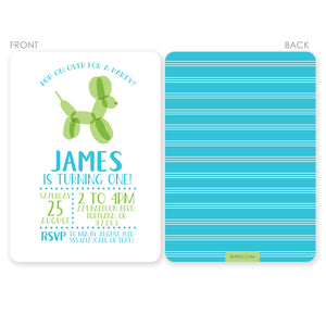 Balloon Animal Birthday Party Invitation in blue and green