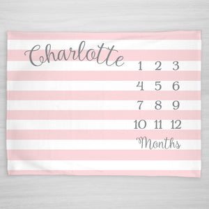 Classic Pink Striped Baby Milestone Month Blanket, Personalized, Color can be customized