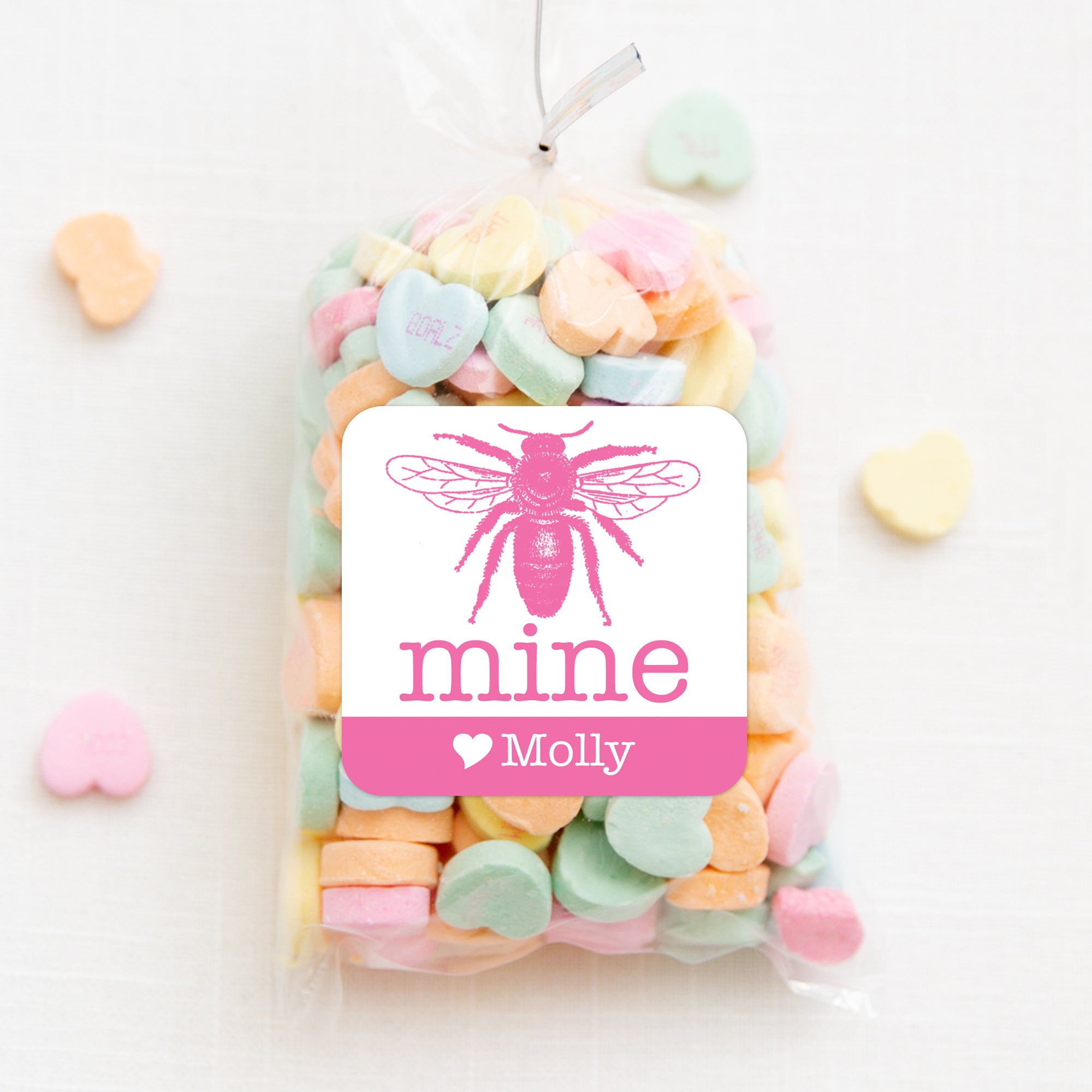 Bee Mine Valentine's Day Class Sticker | Pink and white square sticker for candy bags |PIPSY.COM