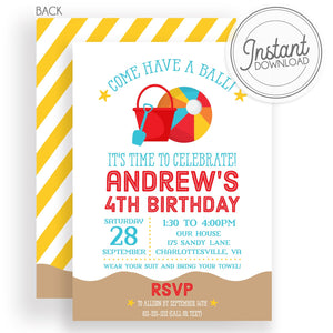 Beach Ball Birthday Invitation, DIY easy download and edit on your computer, fully change the colors and layout if needed, templett.com
