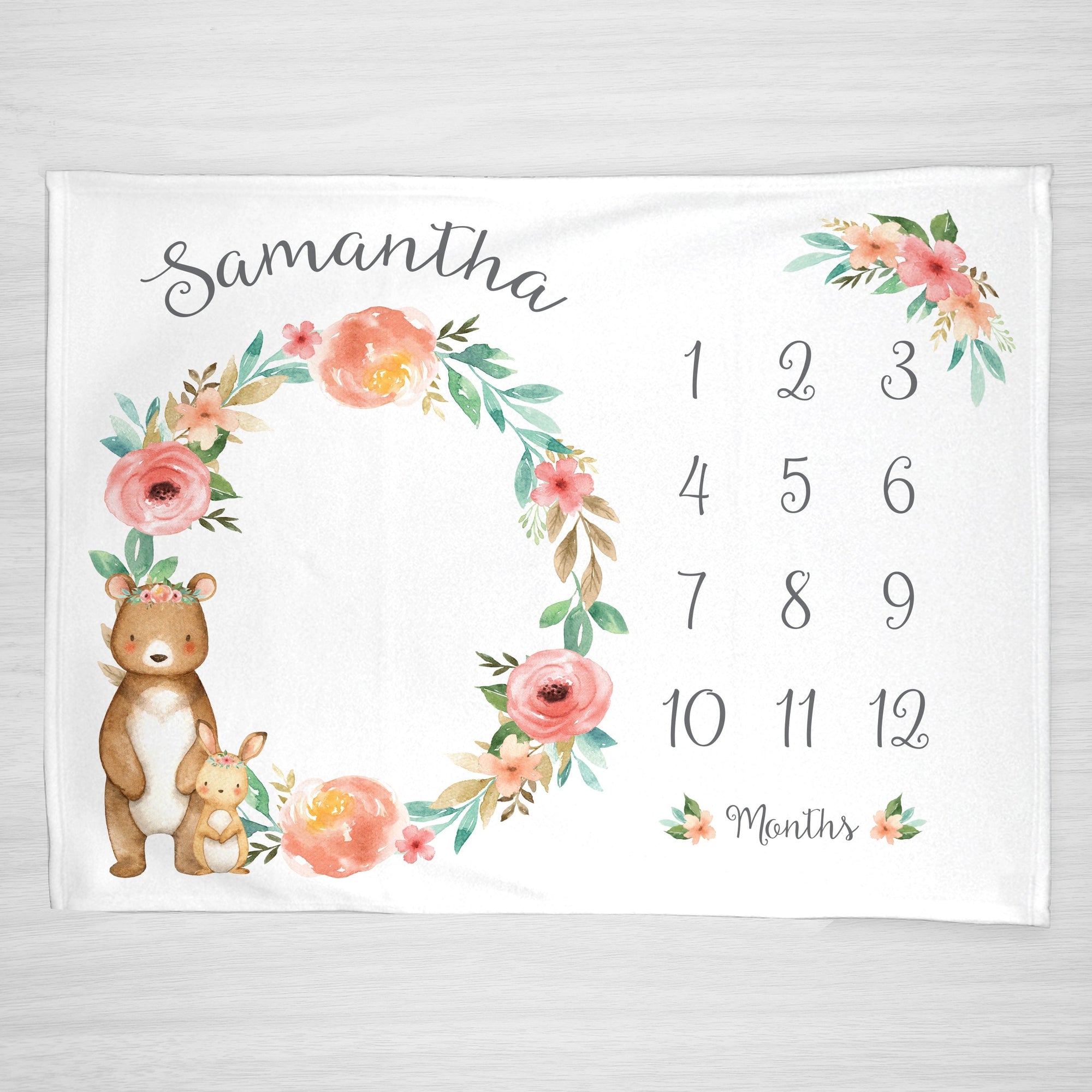 Bear Baby Milestone Blanket, Monthly Growth Tracker, Personalized Baby Blanket, Custom Blanket, Baby Shower Gift, New Baby Gift, Baby Girl, floral flowers
