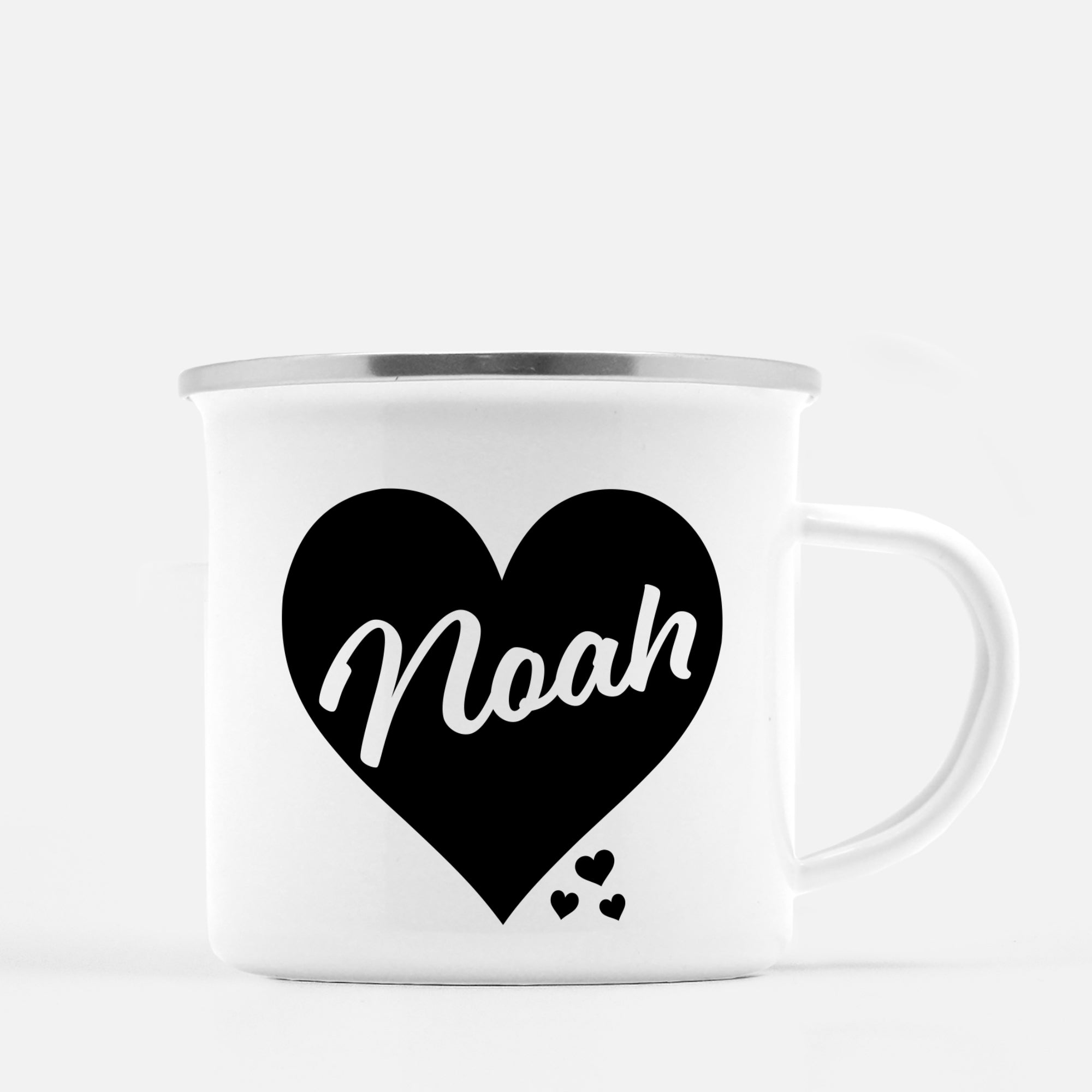 White enamel 12 oz metal camp mug with silver lip | Big Heart - Black | Personalized with child's name | Valentine's Day gift