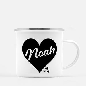White enamel 12 oz metal camp mug with silver lip | Big Heart - Black | Personalized with child's name | Valentine's Day gift