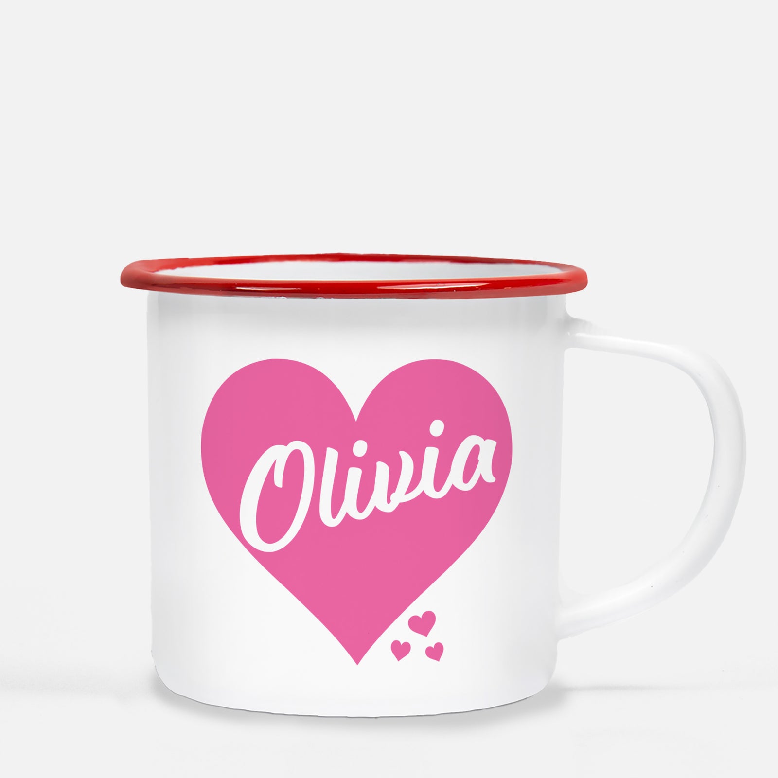 White enamel 12 oz metal camp mug with silver lip |  Big Pink Heart with name printed inside the heart | Personalized with child's name | Valentine's Day gift