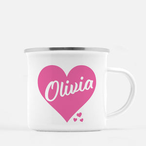 White enamel 12 oz metal camp mug with silver lip |  Big Pink Heart with name printed inside the heart | Personalized with child's name | Valentine's Day gift