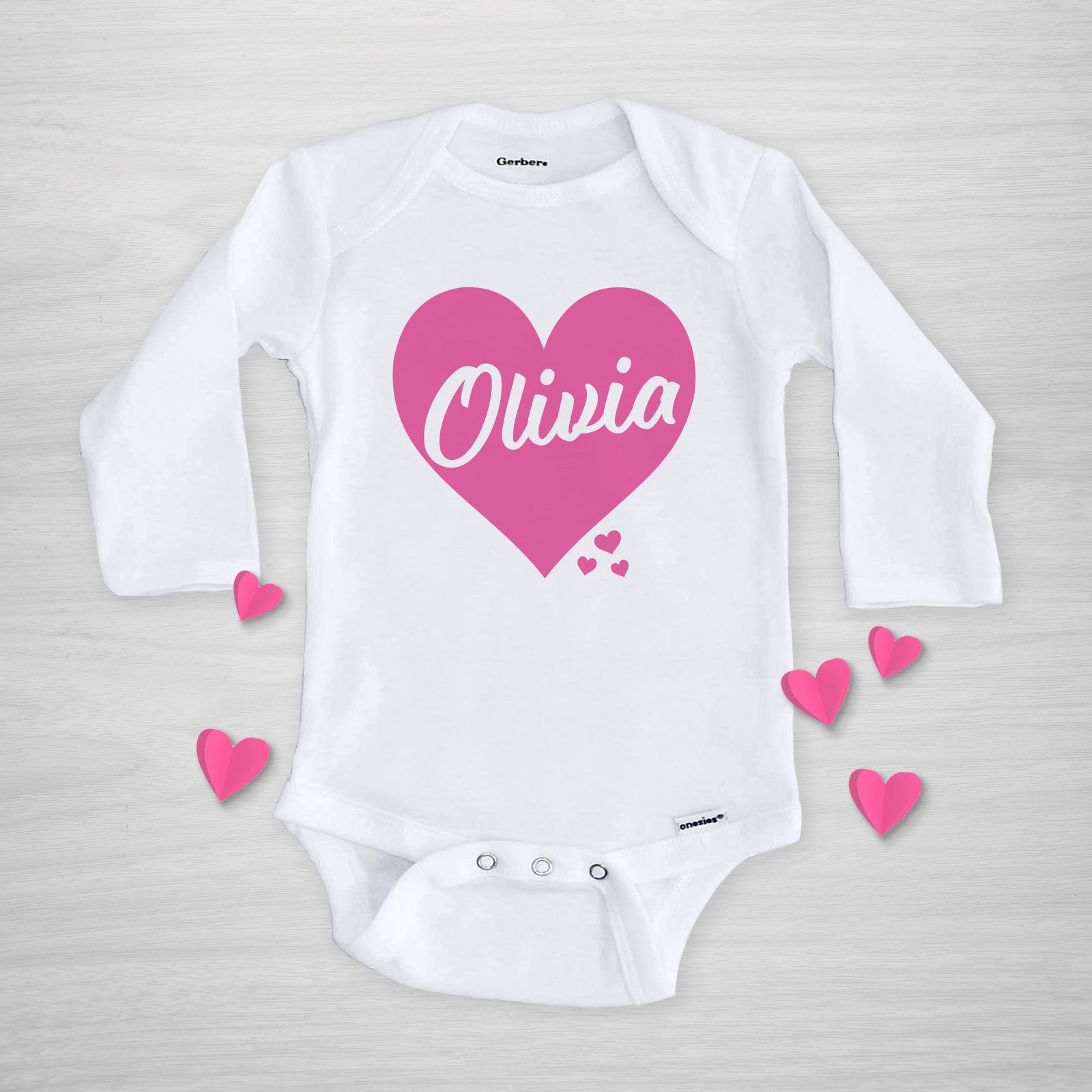 Pink Heart Valentine's Day Personalized Gerber Onesie, short sleeved, pipsy.com