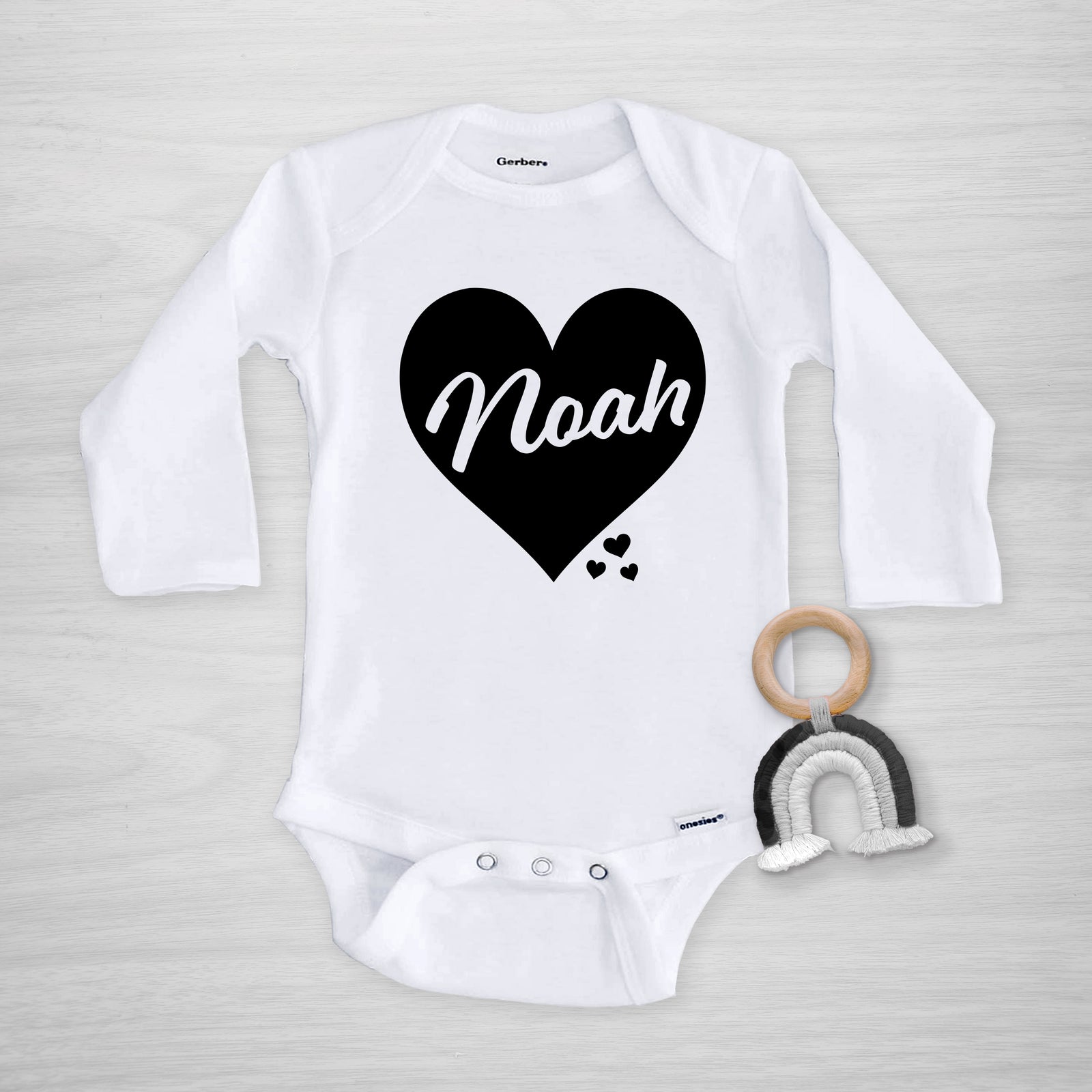 Valentine's Day Personalized Gerber Onesie, big black heart, short sleeved