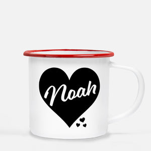 White enamel 12 oz metal camp mug with red lip | Big Heart - Black  | Personalized with childs name | Valentine's Day gift