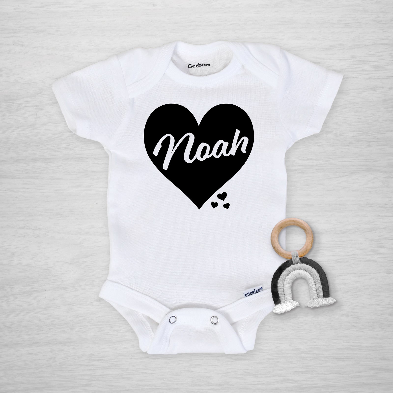 Valentine's Day Personalized Gerber Onesie, big black heart, short sleeved