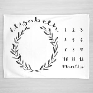 Black eucalyptus wreath baby milestone blanket, gender neutral, personalized