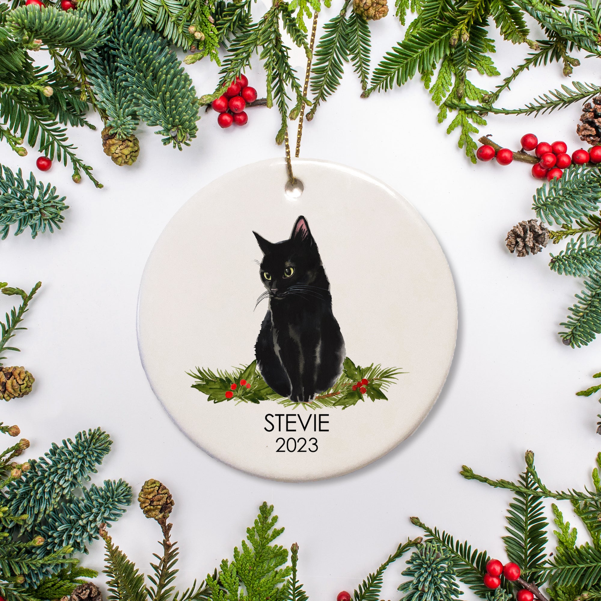 Black kitten christmas ornament, personalized with your cat's name and date
