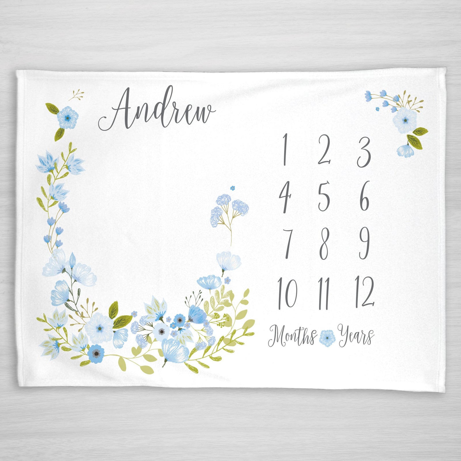 Blue floral blossom baby milestone blanket, personalized