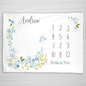 Blue floral blossom baby milestone blanket, personalized