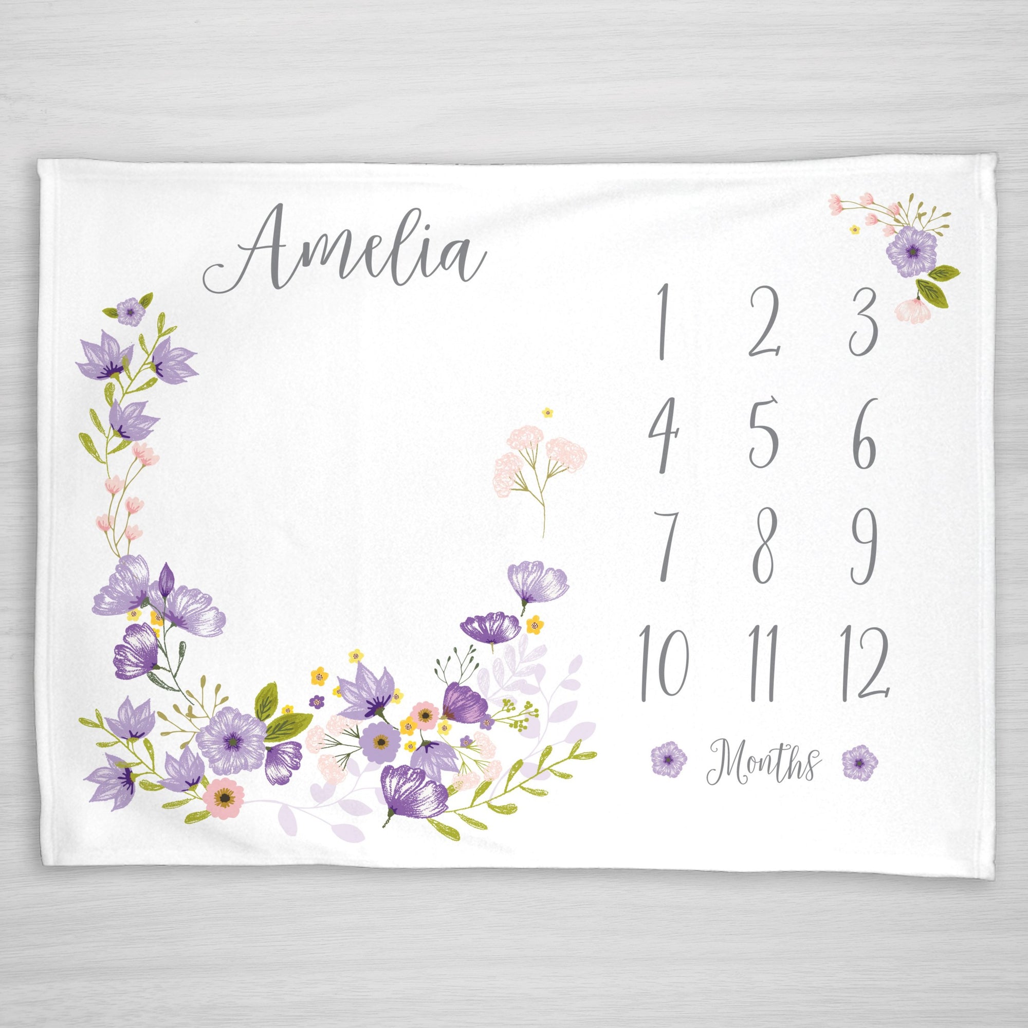 Blossom Floral Milestone Blanket, Purple with pink flower accents, personalized with name