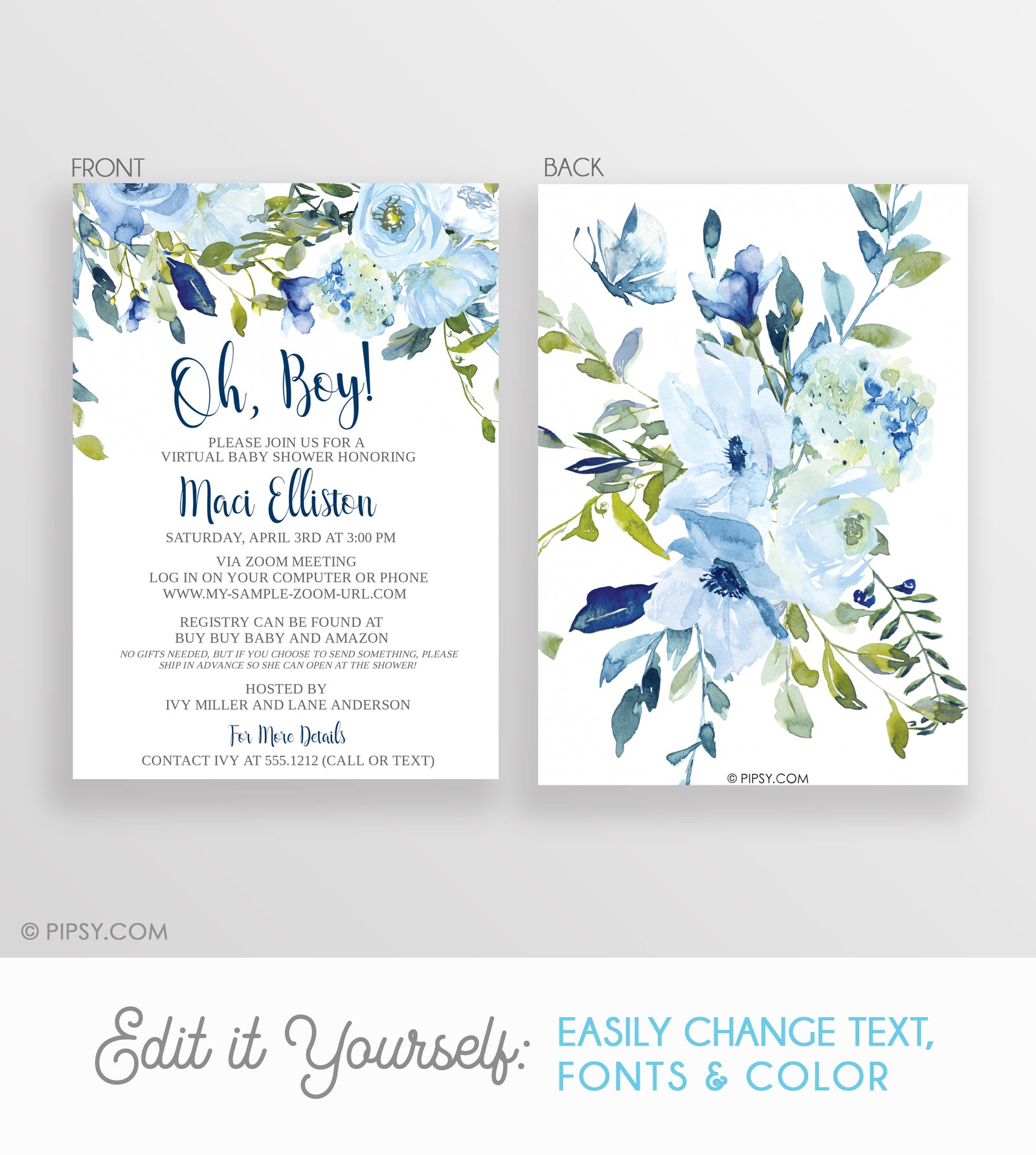 Virtual Baby Shower - Blue Floral Watercolor,  Instant Download, Templett, PIPSY.COM