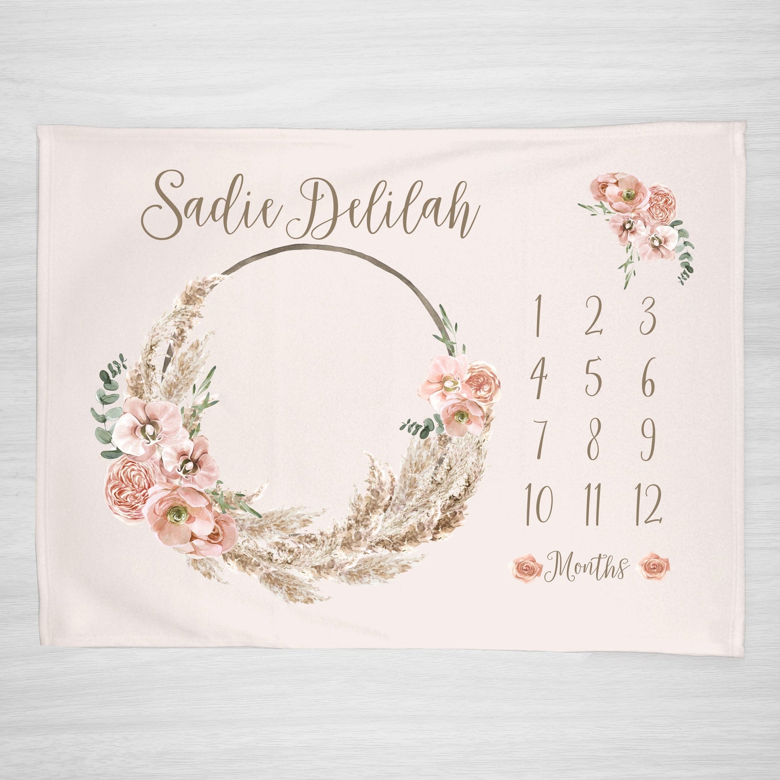 Boho Floral Milestone Blanket with a pale pink beige background