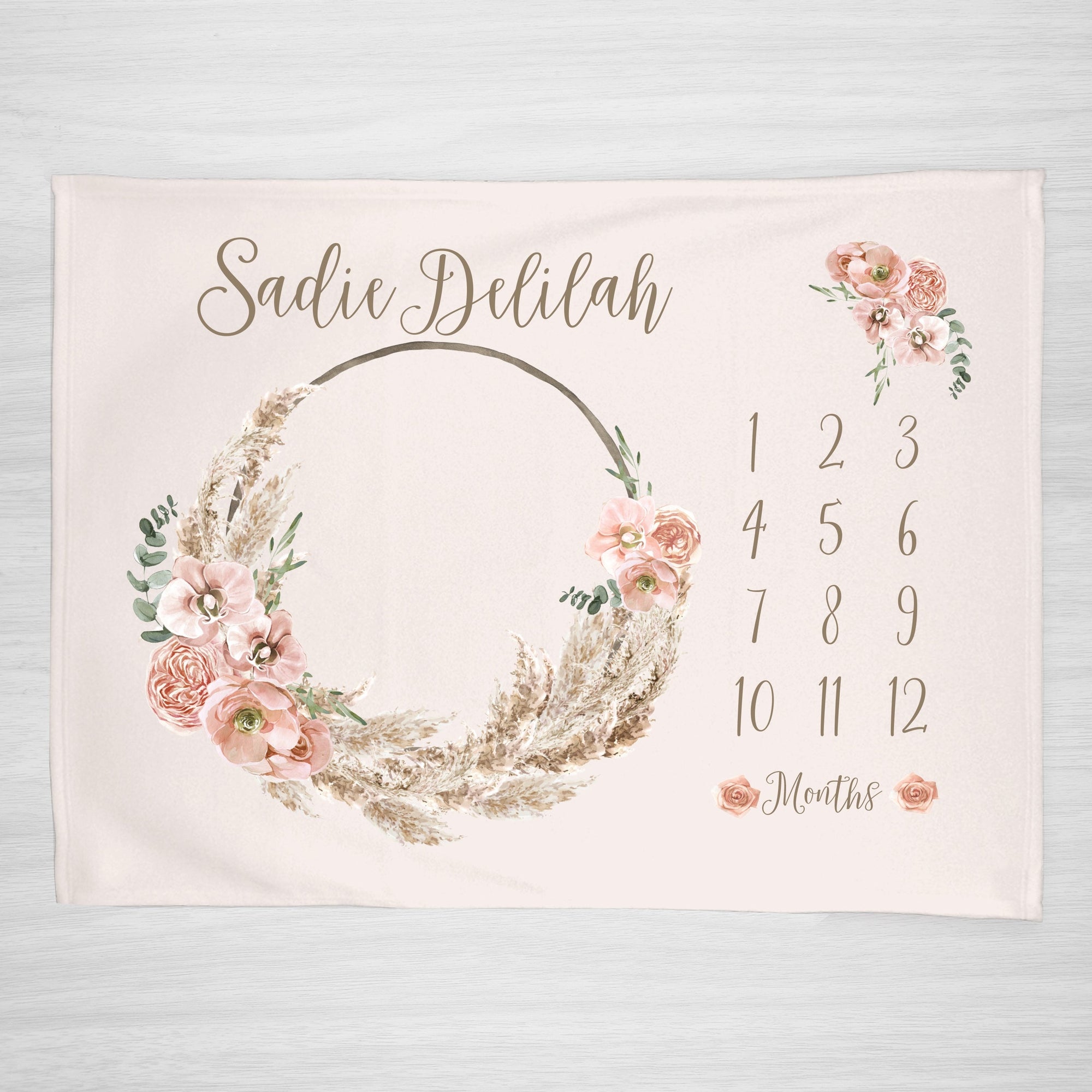 Boho Floral Milestone Blanket with a pale pink beige background