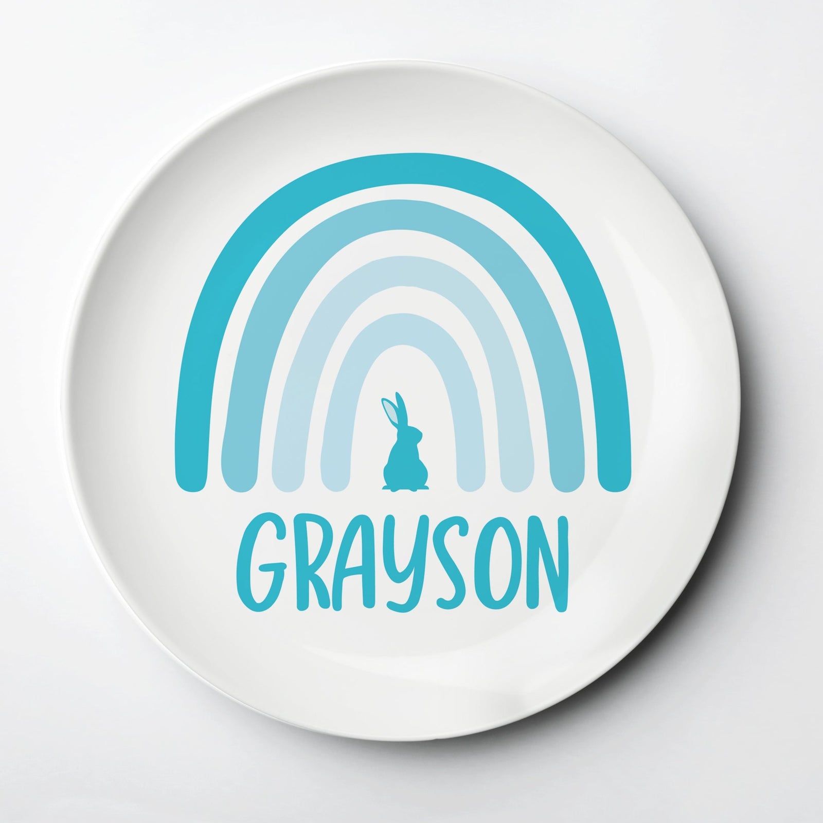 Personalized Easter Rainbow Plate with a bunny, blue, reusable polymer plate that lasts for years
