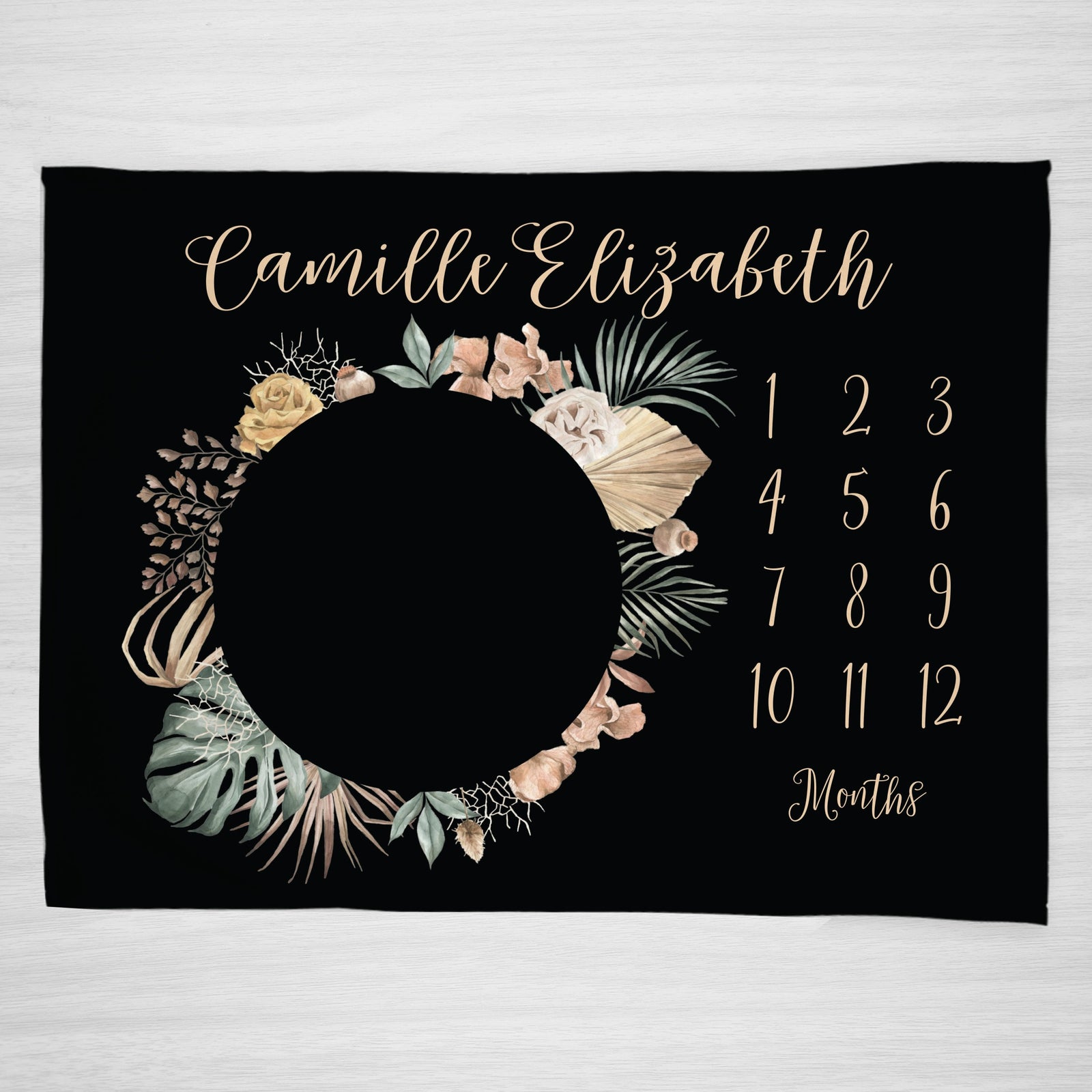 Bold Tropical Floral milestone blanket, black background with beige text