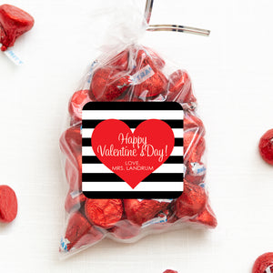 Bold Heart Valentine's Day stickers with black stripes, square sticker, Pipsy.com