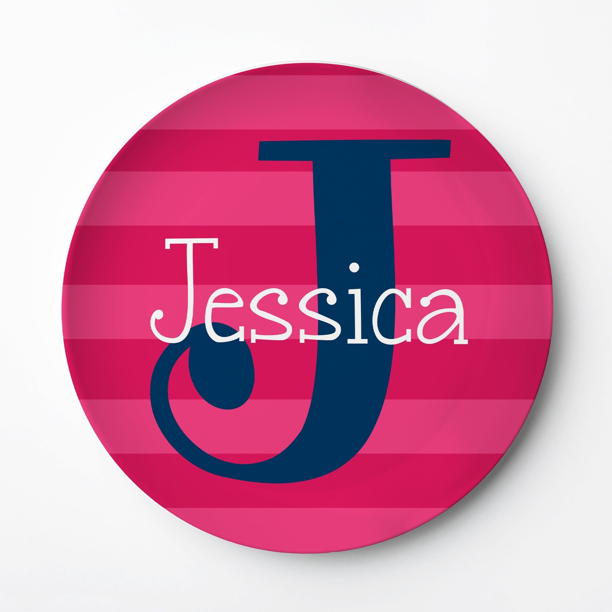 Bold initial on bright pink stripes on a personalized ThermoSāf® plate, Pipsy.com