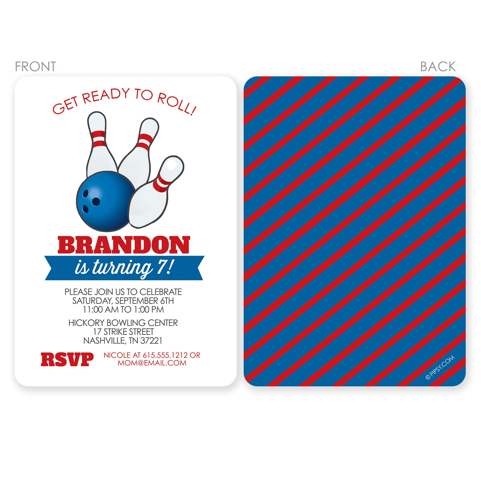Bowling Party Birthday Invitation | Pipsy.com | Blue & Red Stripes