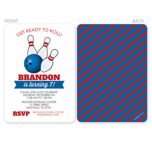 Bowling birthday invitation for a boy, thick cardstock, choose any color scheme