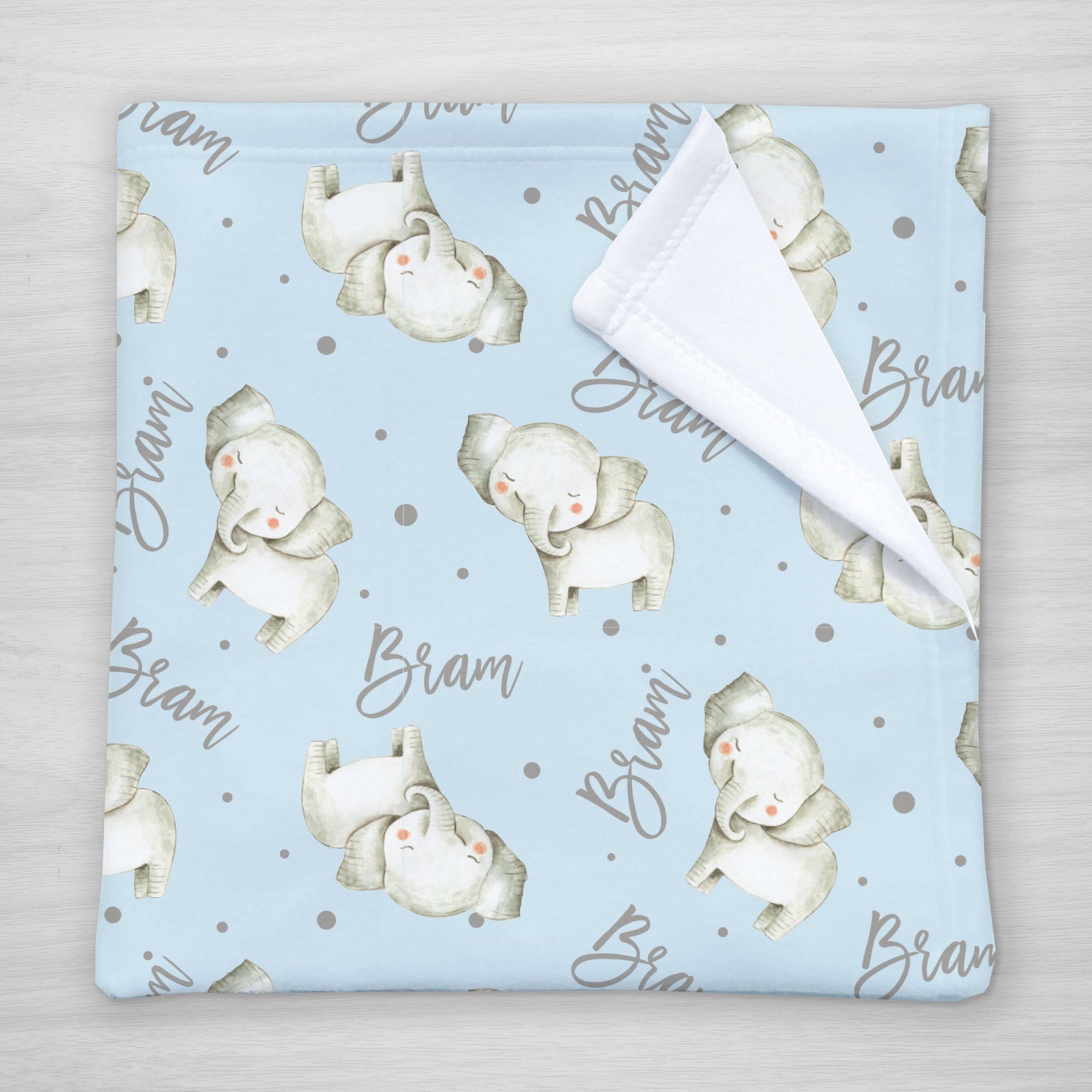 Elephant Personalized Baby blanket in blue and gray