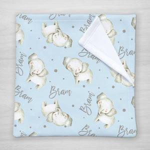 Elephant Personalized Baby blanket in blue and gray