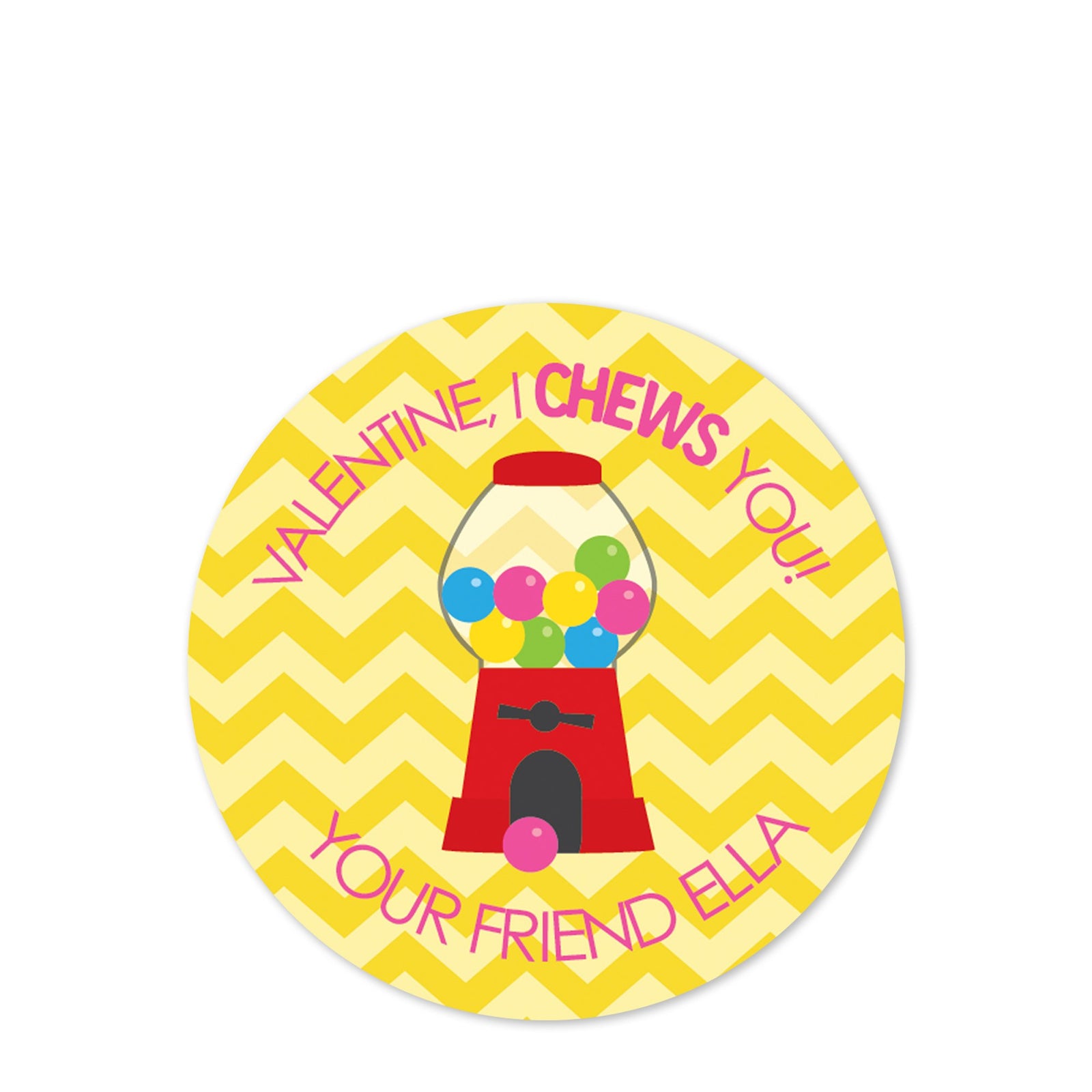 Valentine, I CHEWS you! | bubble gum machine | 2.5" round stickers for candy bags | yellow chevron |PIPSY.COM