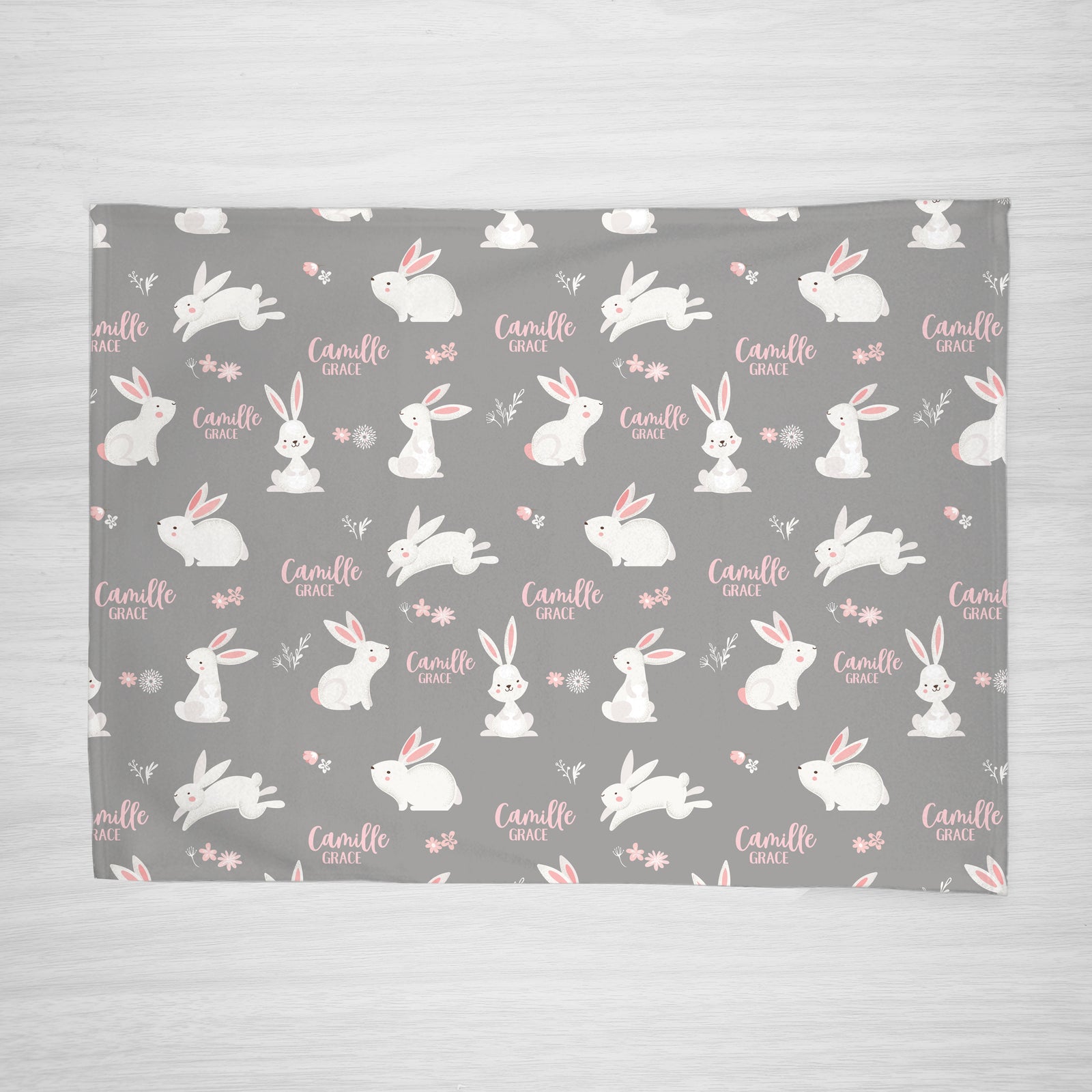 Bunny Rabbit children's blanket, personalized with name. Soft gray fleece background with white and pink accents. Great for babies, toddlers, or older kids