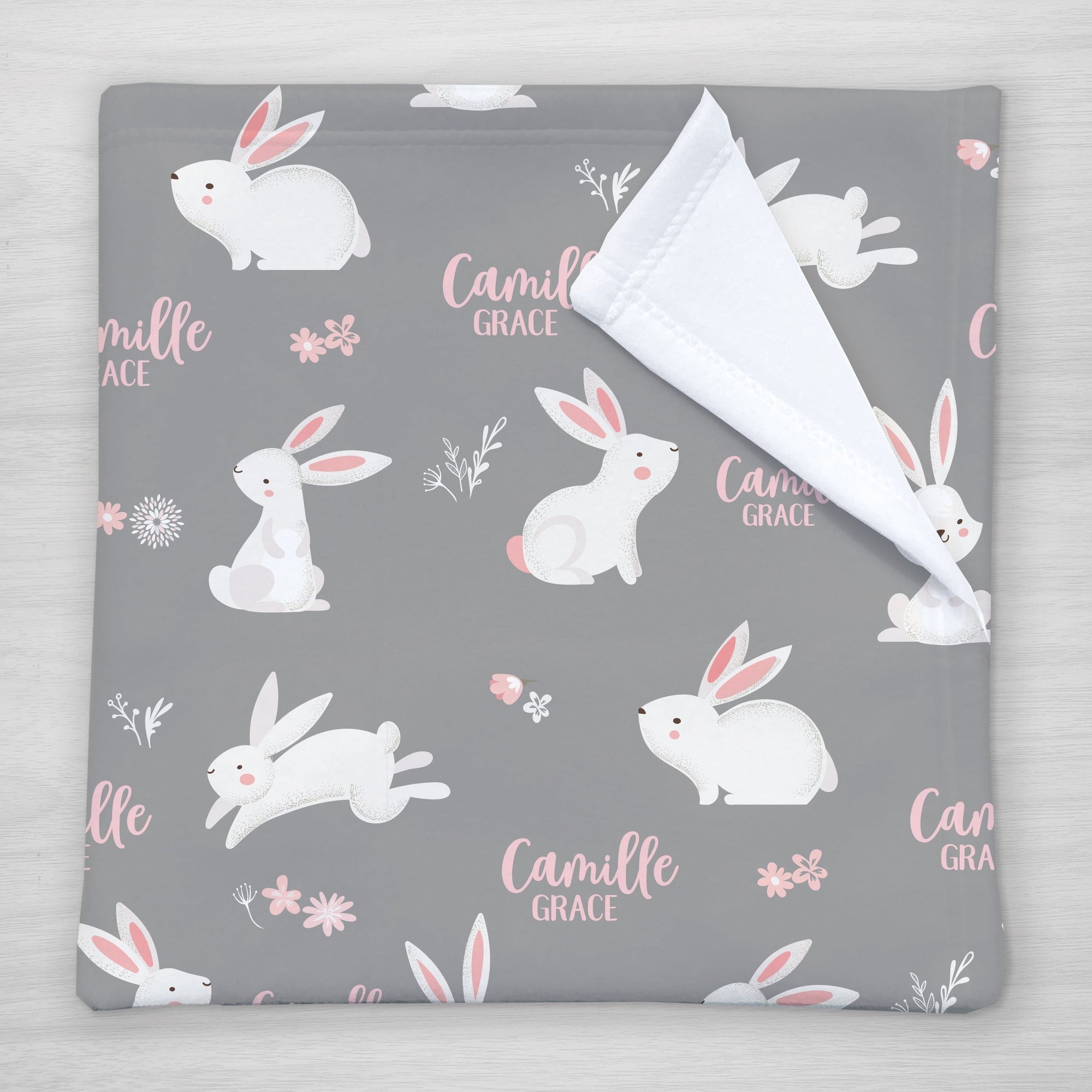 Bunny Rabbit children's blanket, personalized with name. Soft gray fleece background with white and pink accents. Great for babies, toddlers, or older kids