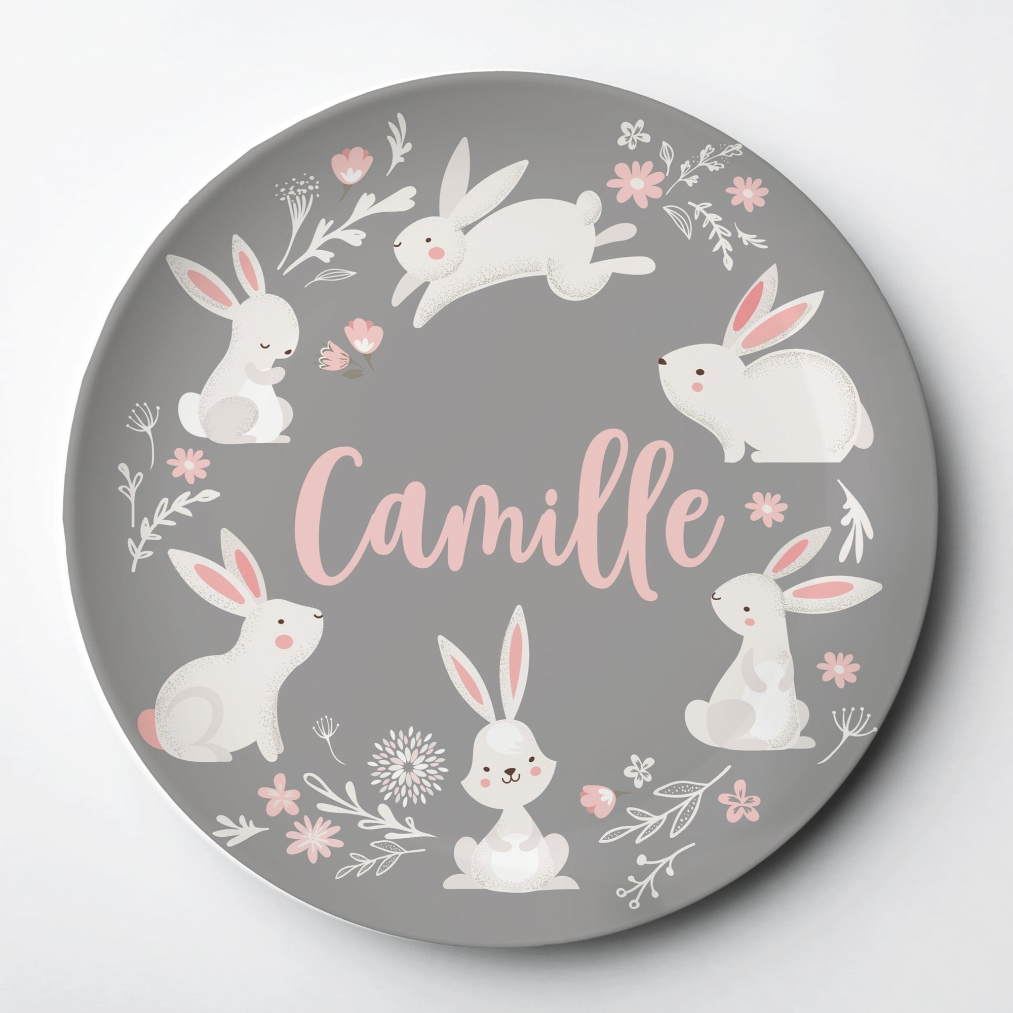 Easter Personalized Plate in soft gray with a wreath of bunnies and flowers
