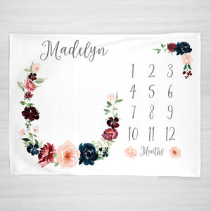 Burgundy and Navy Floral Milestone Month Blanket, Pesonalized