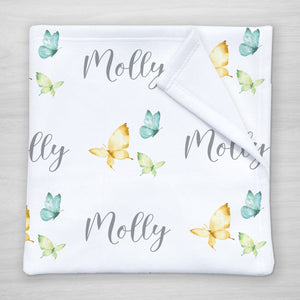 Butterfly personalized name blanket - yellow, green and blue butterflies | Pipsy.com