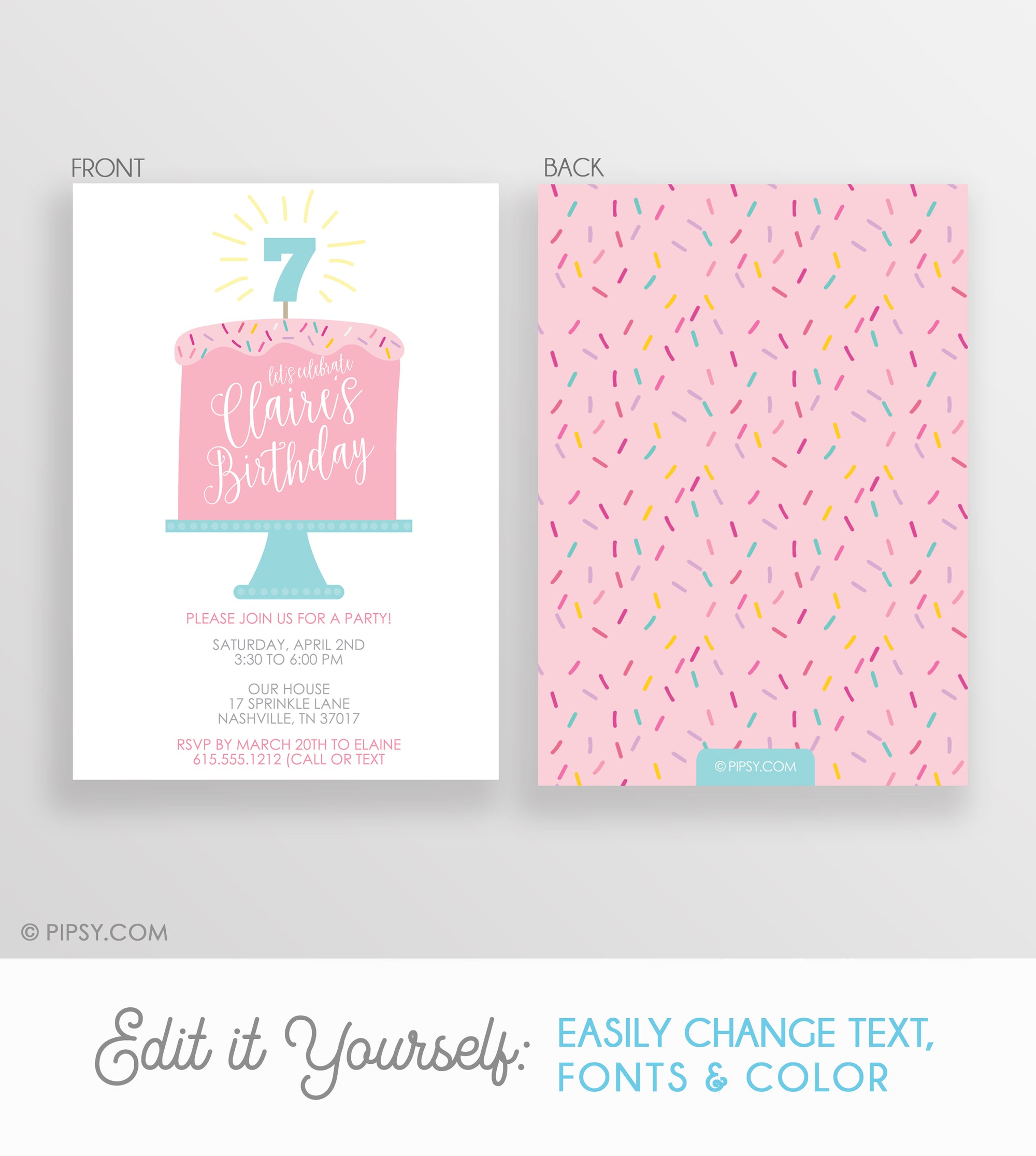pink sprinkles birthday cake party invitation, 2 sided design