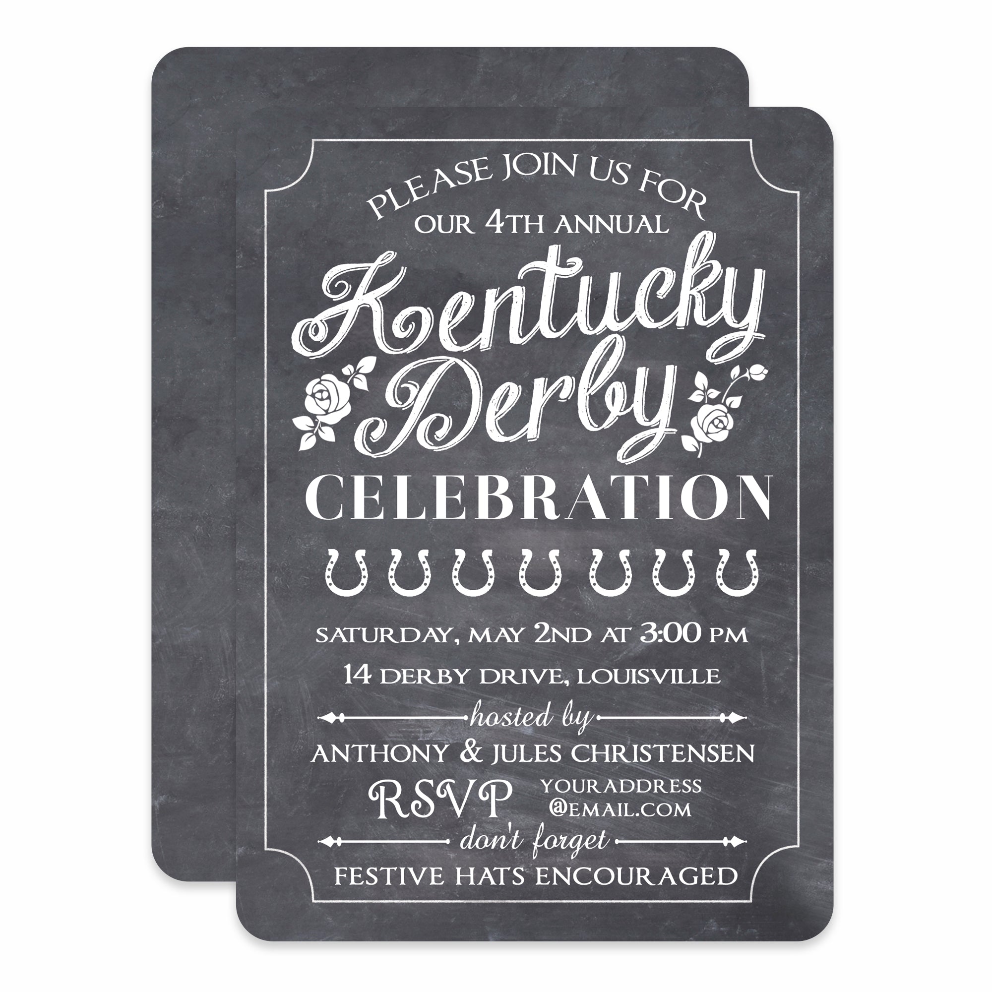 Kentucky Derby Invitation, Chalkboard Style Invitation with roses and horse shoes, printed on ultra heavy weight cardstock, Pipsy.com