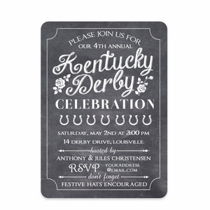 Kentucky Derby Invitation, Chalkboard Style Invitation with roses and horse shoes, printed on ultra heavy weight cardstock, Pipsy.com, front view