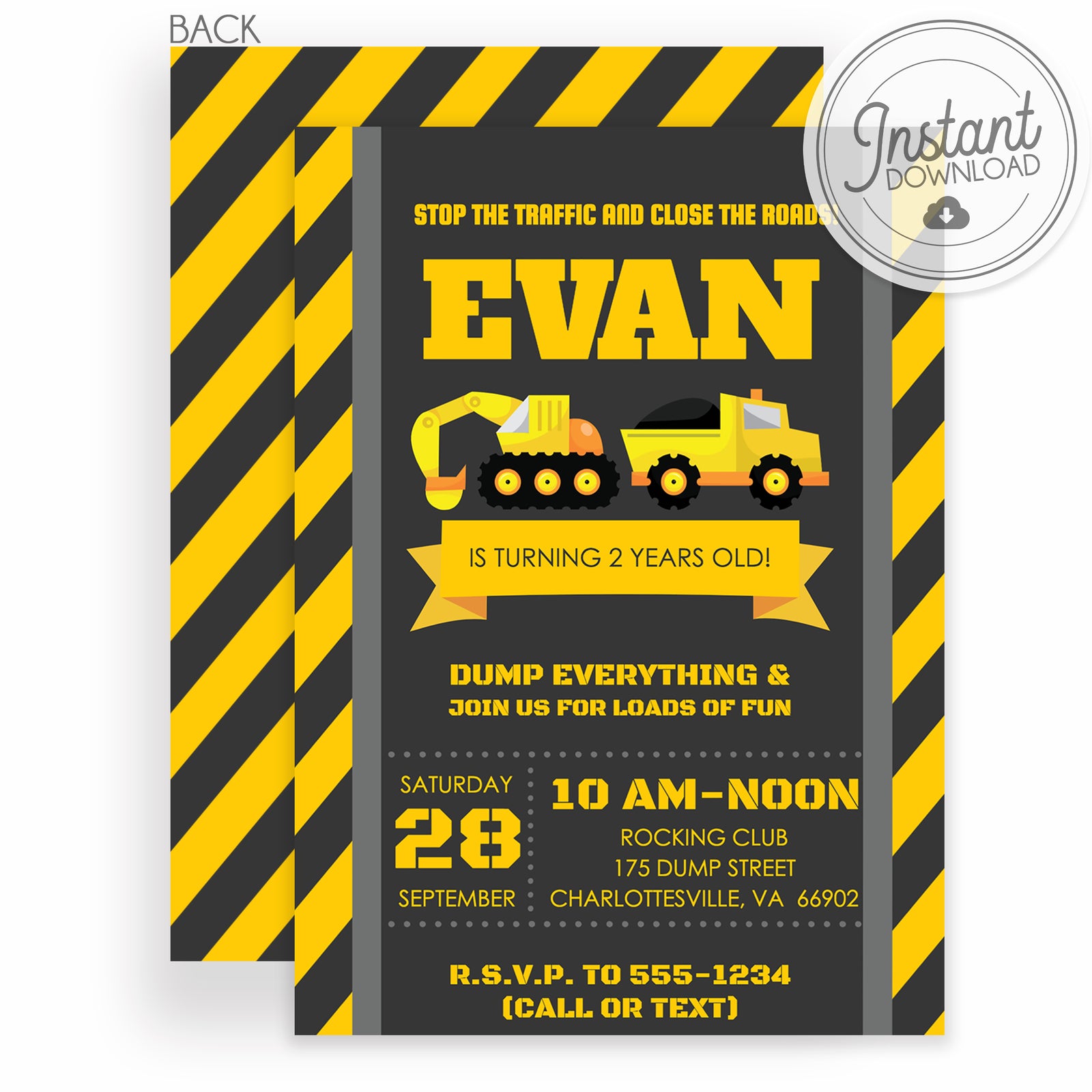 Construction Birthday Invitation, Instant Download Templett, Backhoe, Dumptruck, PIPSY.COM