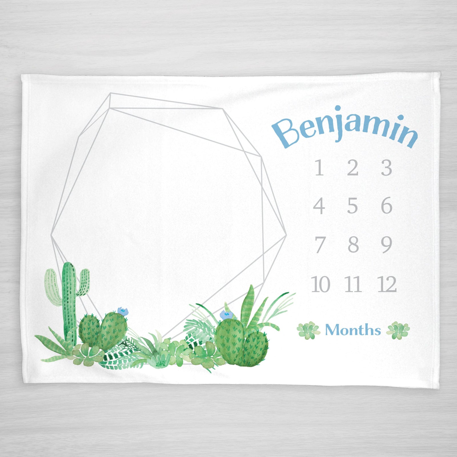 Cactus Milestone Blanket for a boy, geometric frame with succulents