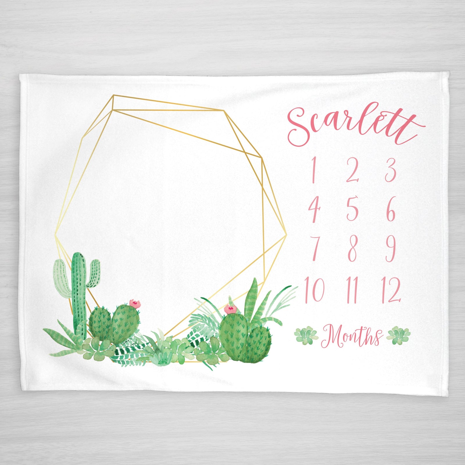 Cactus with gold Geometric Frame Milestone Blanket, Personalized with pink text