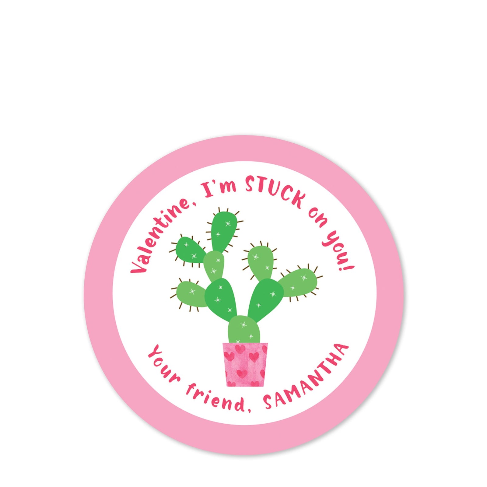 Cactus Stickers - Stuck on you Valentine | 2.5" round Valentine's day stickers for candy bags | class party | Personalized |PIPSY.COM