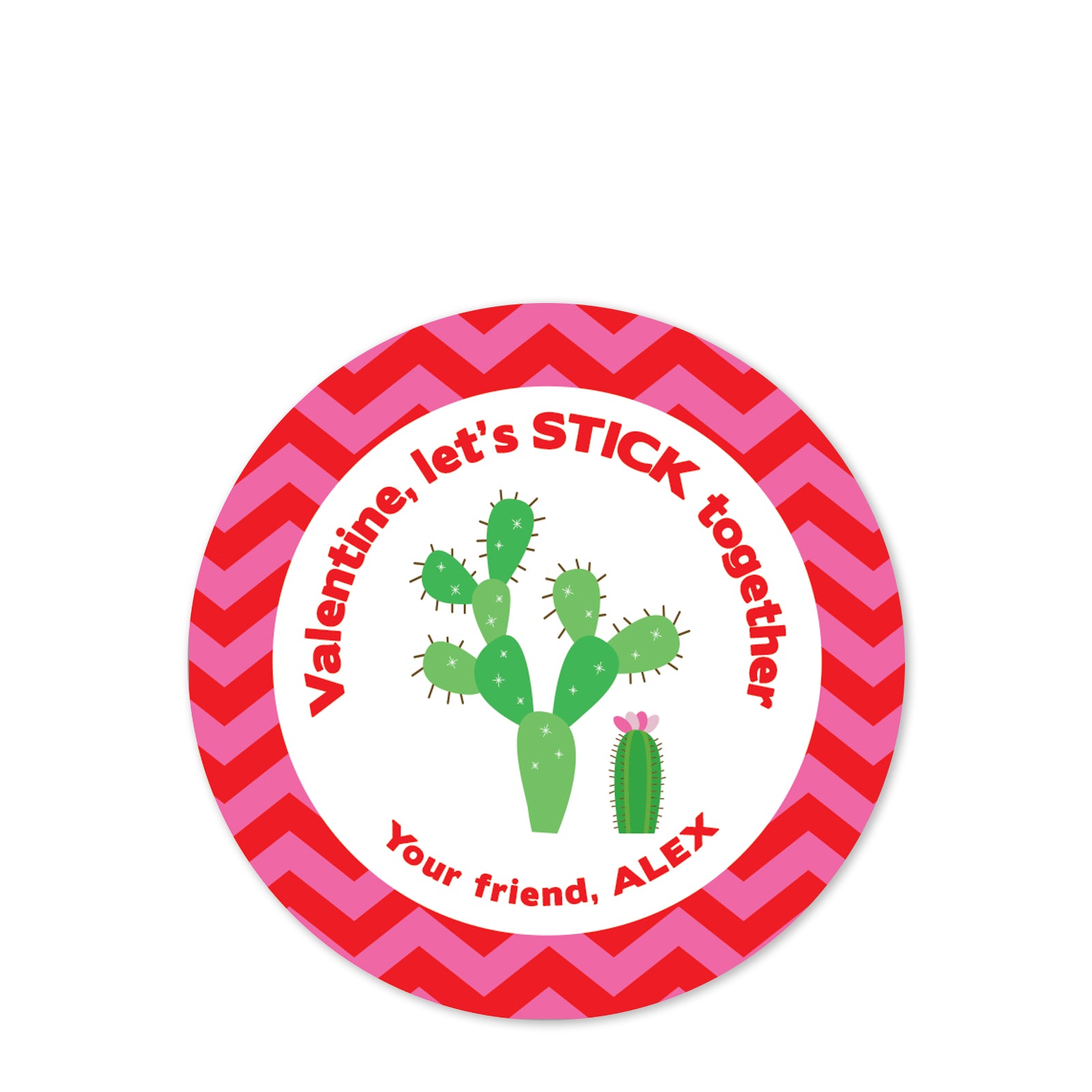 Cactus | Let's Stick Together | red and pink Chevron border | 2.5" Round Valentine's Day Sticker for candy bag | Classroom Party | Personalized stickers | PIPSY.COM