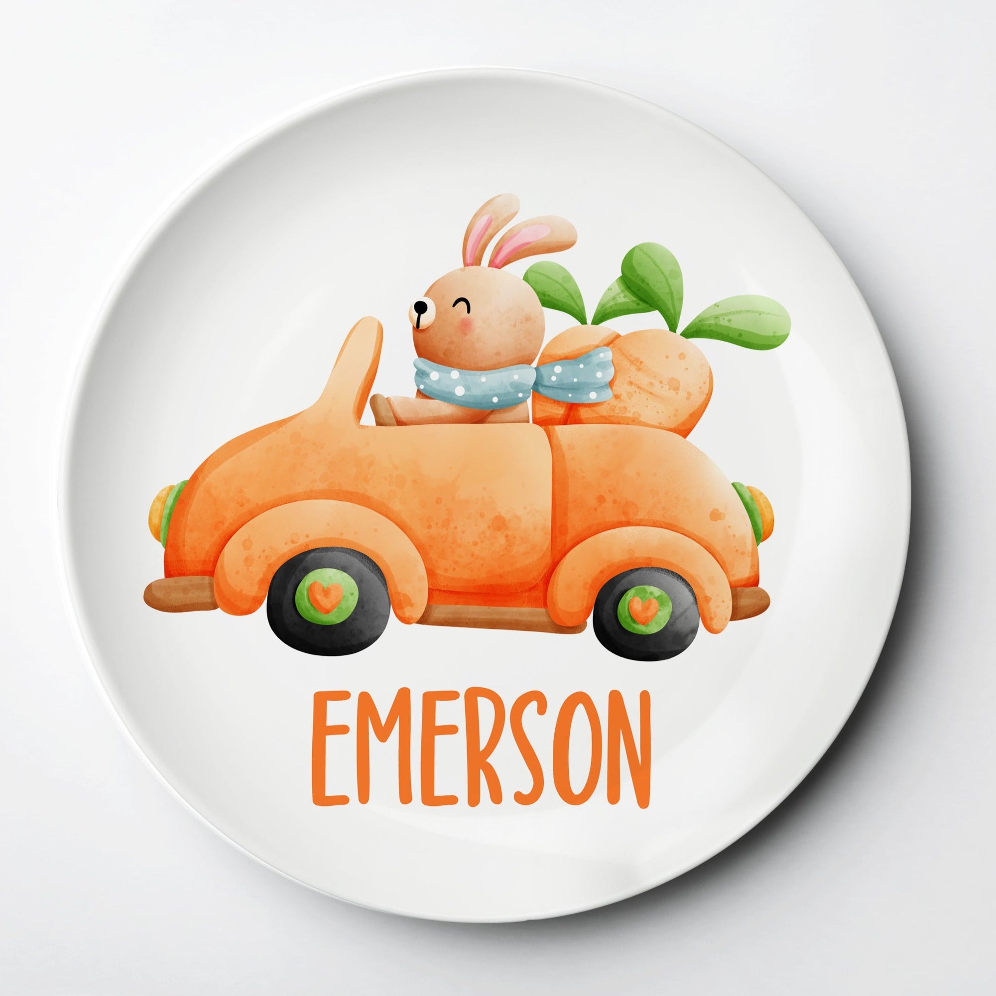 Personalized Kids Easter Plate featuring the Easter Bunny in a Carrot Car, reusable plate will last for years, from Pipsy.com
