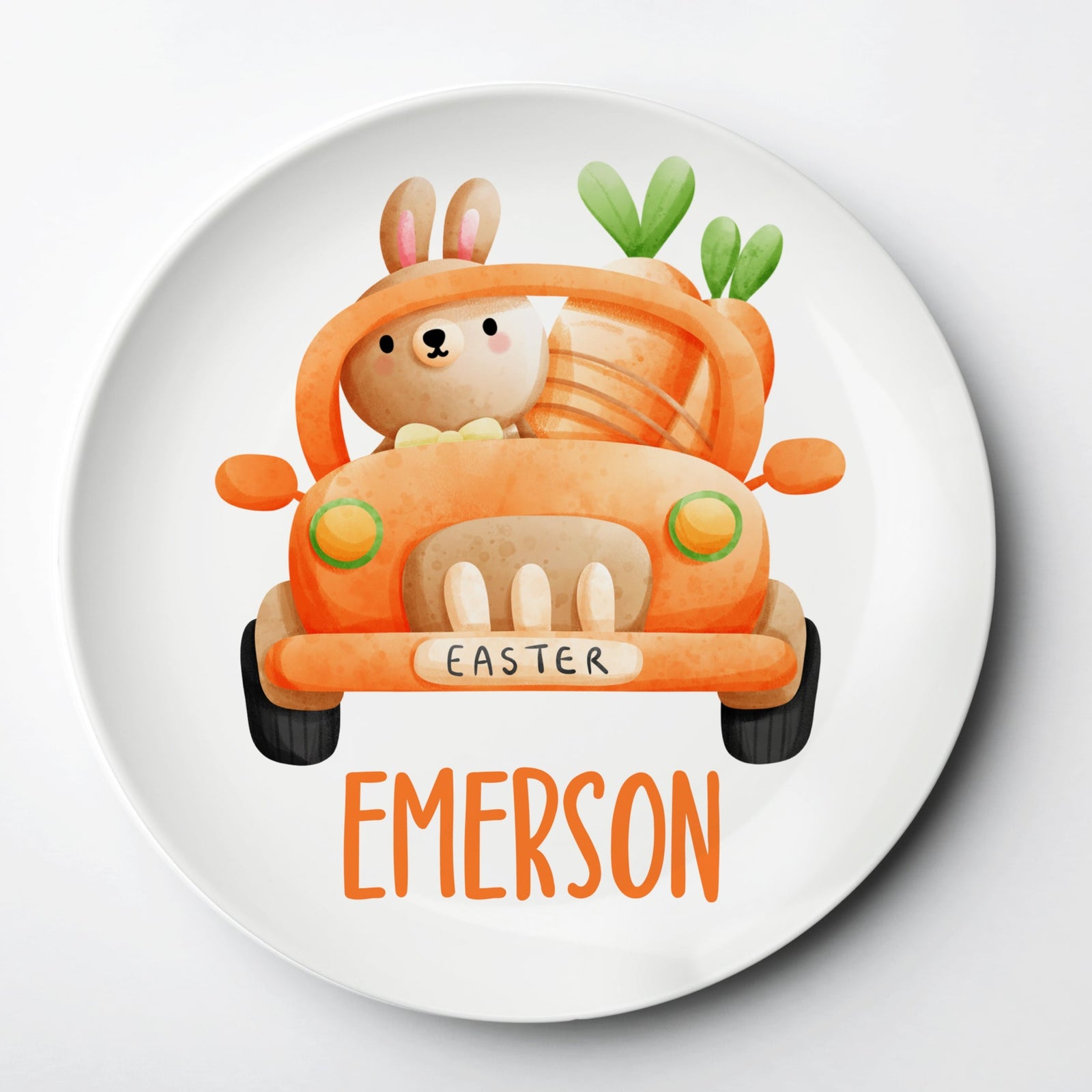 Personalized Easter Plate featuring the Easter Bunny in a Carrot Car, reusable plate will last for years