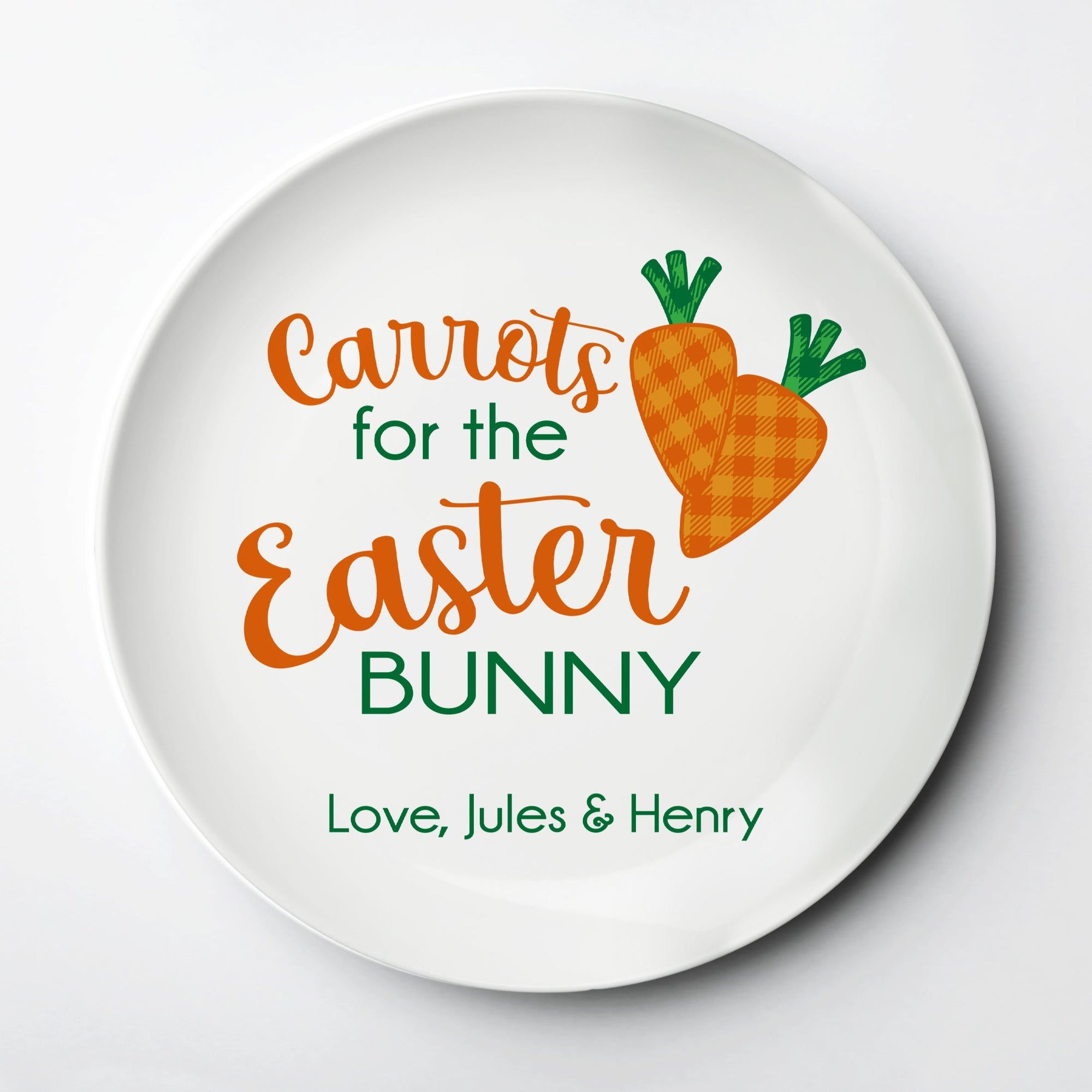 Easter, Carrots for the Easter bunny, personalized ThermoSāf® kids reusable plate, microwave, dishwasher and oven safe.  Made in the USA, Pipsy.com
