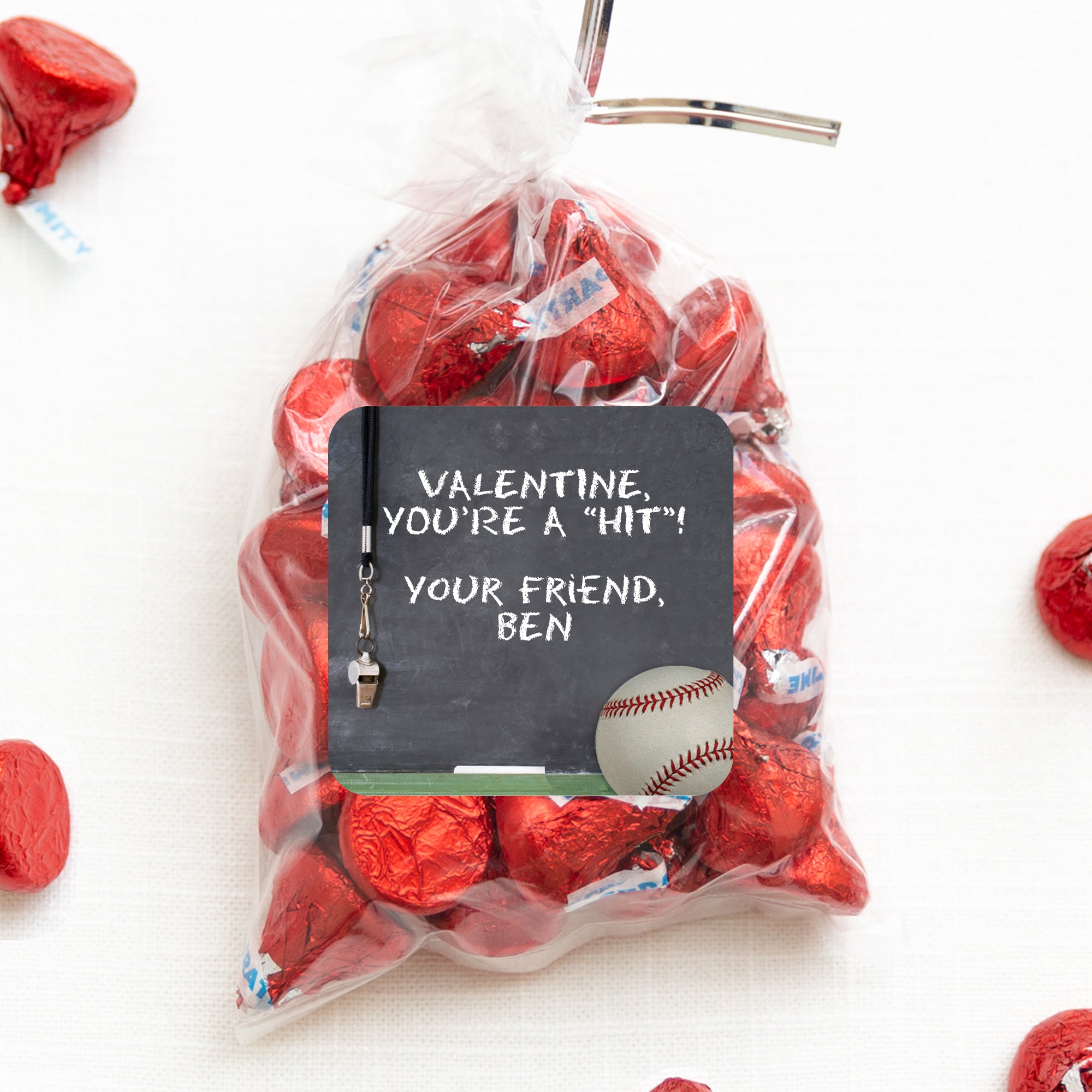 Baseball Chalkboard with whistle Valentine Sticker | 2.5" Square sticker for treat bags | Classroom Stickers | Valentine's Day stickersPipsy.com
