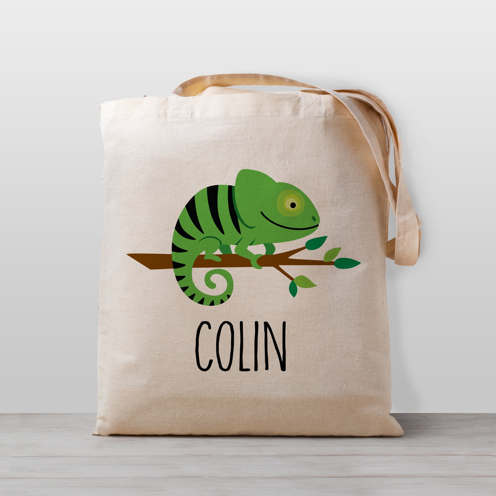 chameleon lizard personalized tote bag for boys or girls, great for daycare or preschool, 100% natural cotton canvas