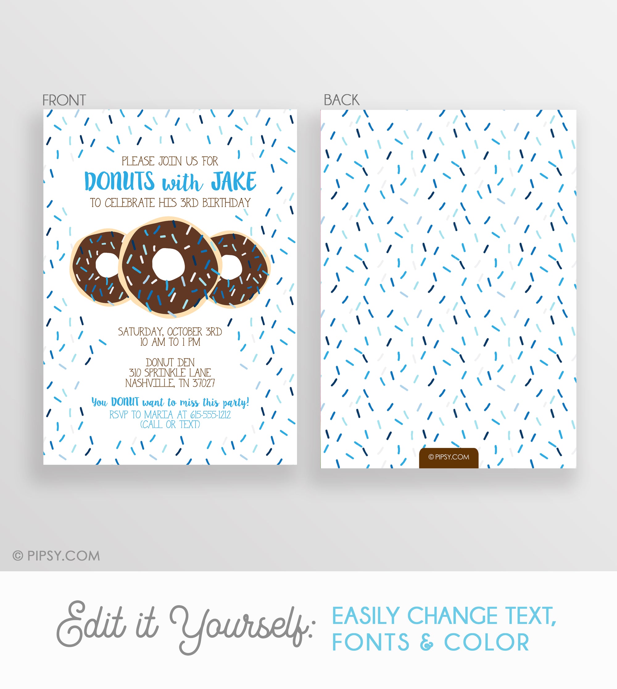 Donut Birthday Invitations, Blue Sprinkle Chocolate Donut, Instant Download DIY Templett, PIPSY.COM, front/back view