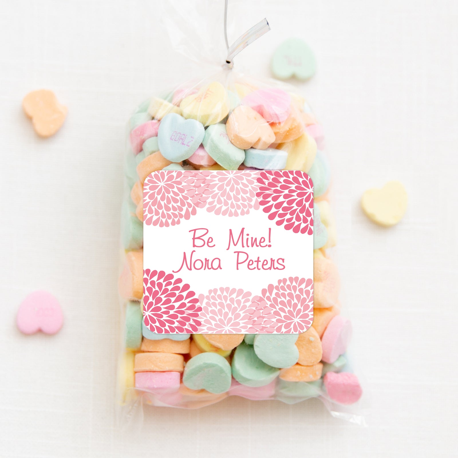 Valentine's Day Pink Chrysanthemum Sticker 2.5" Square Valentine's Day Sticker for candy bag | Classroom Party | Personalized stickers | PIPSY.COM